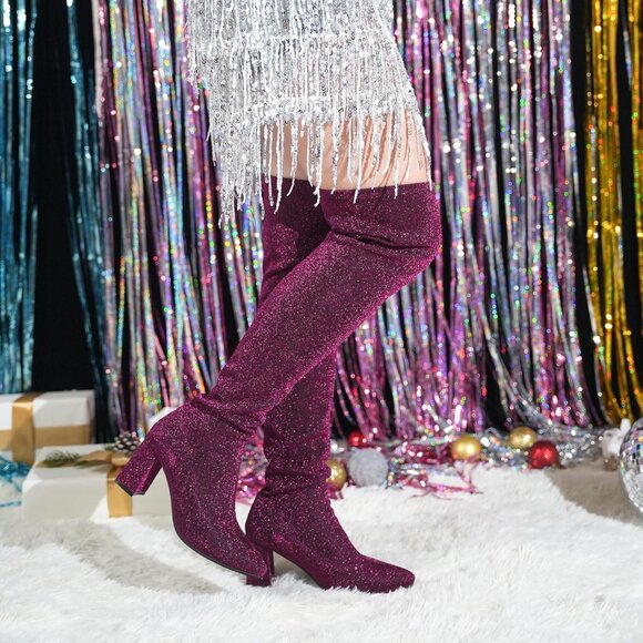 🆕Women's Red Synthetic Thigh High Pointy-toe Shiny Dressy Over The Knee Boots - Picture 4 of 7